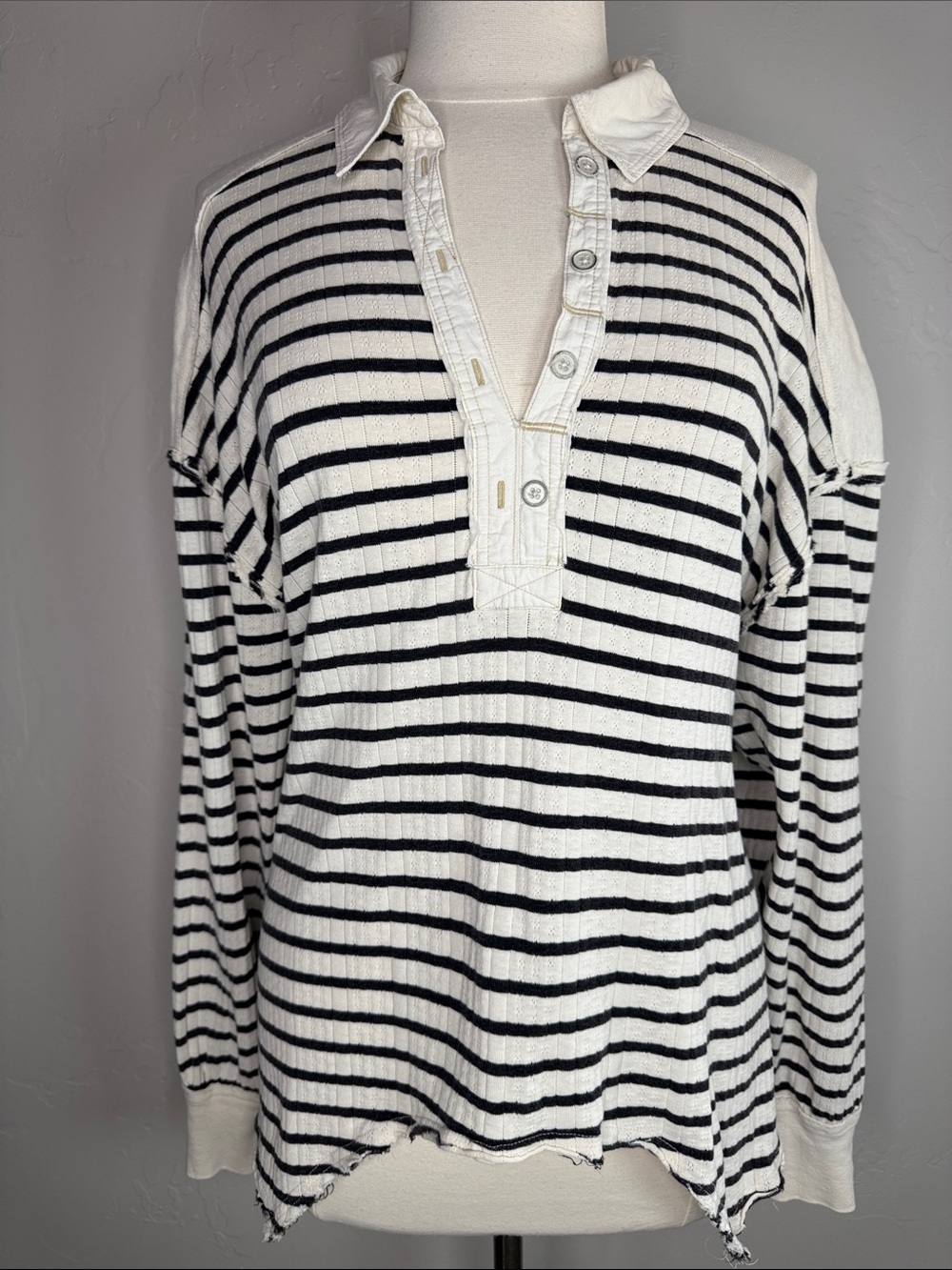 We The Free Black & Cream Striped Henley Long Sleeve Top Oversized Tagged Small